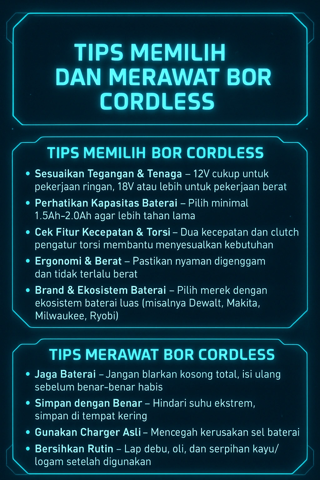infografis, tips memilih dan merawat bor cordless